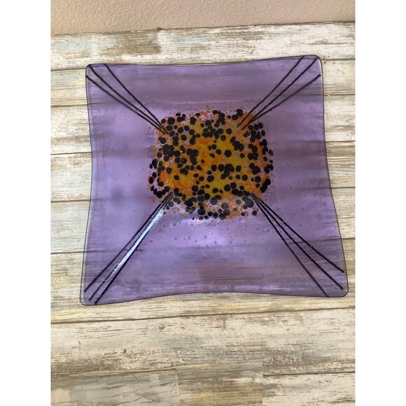 Susan Maxfield Handcrafted Purple & Yellow Fused Glass Decorative Bowl 2003 - Picture 4 of 11